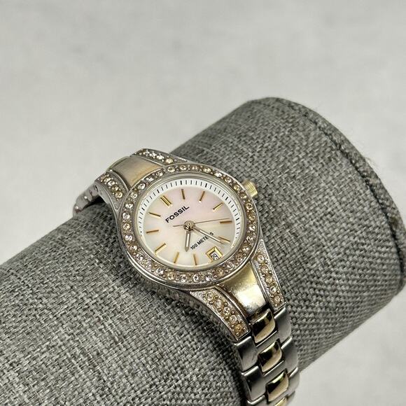 Fossil Blue Watch Womens 25mm Two-Tone MOP Dial Crystal Bezel Date New Battery - Picture 1 of 9